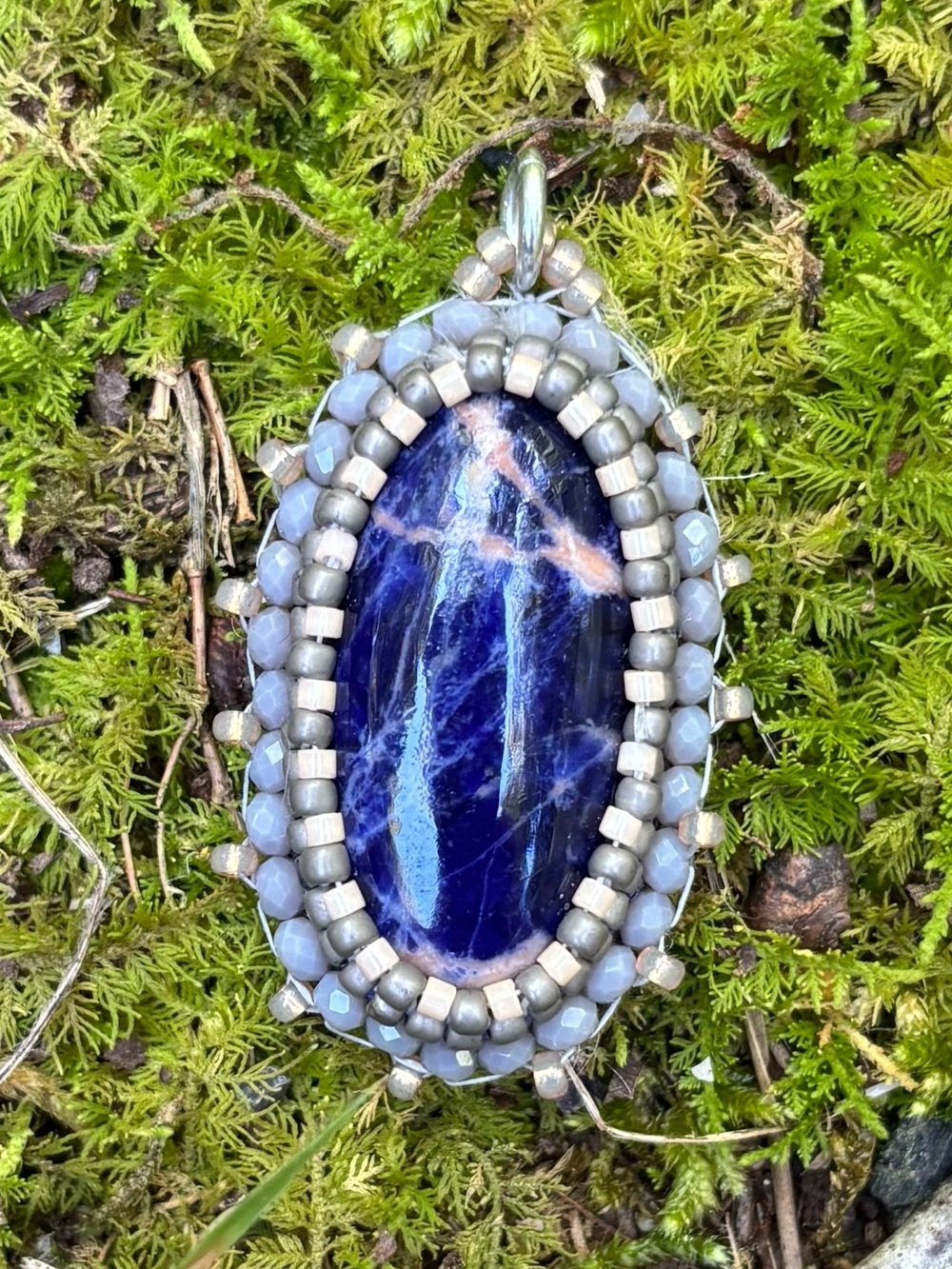 Handmade Oval Sodalite Bead Embroidered Pendant